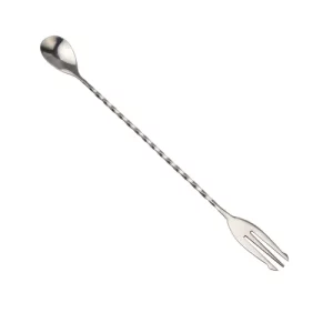 silver twisted fork design with a spoon at the end for cocktail mixing