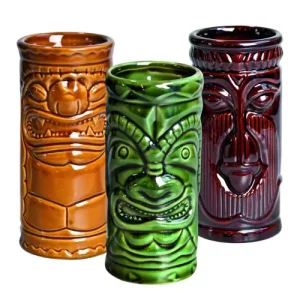 3 tiki tall tumbler glasses in brown green and purple