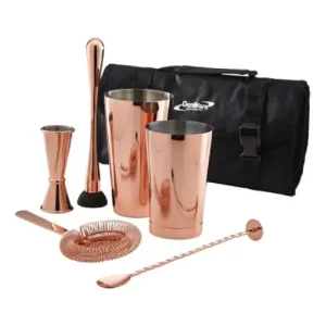 copper cocktail kit with strainers, muddlers, shakers and measuring tools