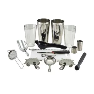 silver cocktail kit with strainers, muddlers, shakers and measuring tools etc