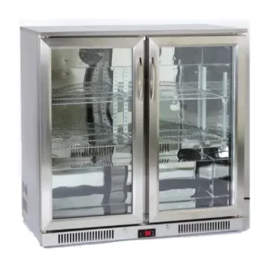 a silver stainless steel double door cooler