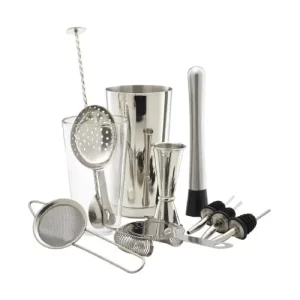 silver cocktail kit with strainers, muddlers, shakers and measuring tools