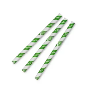 An image of Vegware Jumbissimo 10mm Paper Straws Green Stripe 20cm