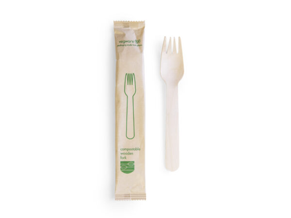 Compostable wooden fork, wrapped