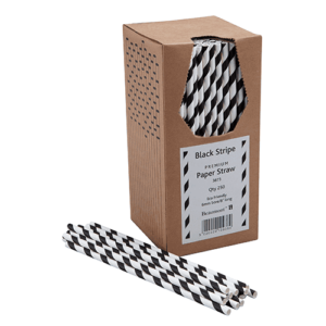 8 Inch 6mm Bore Paper Straw - BLACK & WHITE STRIPED Pk 250