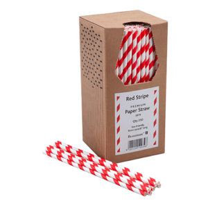 8 Inch 6mm Bore Paper Straw – RED & WHITE STRIPED Pk 250