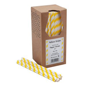 8 Inch 6mm Bore Paper Straw - YELLOW & WHITE STRIPED Pk 250