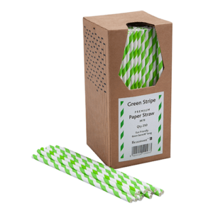 8 Inch 6mm Bore Paper Straw - GREEN & WHITE STRIPED Pk 250