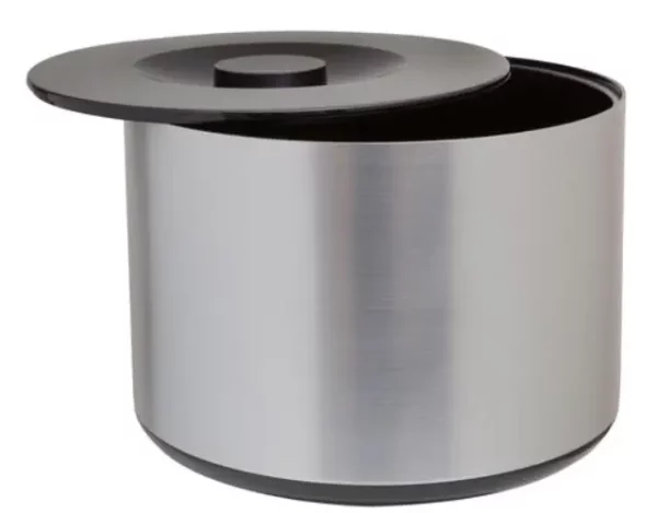 A Silver Ice Bucket with a Black Lid