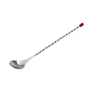 silver cocktail spoon with a twisted design and red top