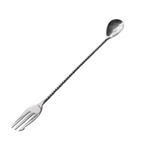 silver twisted cocktail spoon with a fork on the end