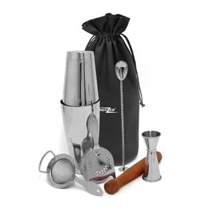 7 piece cocktail set in distressed steel. it contains a measurer, stirrer, shaker, strainer, muddler, fine strainer