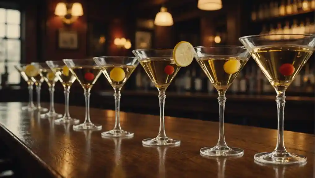 image of a line of Martini glasses on a bar