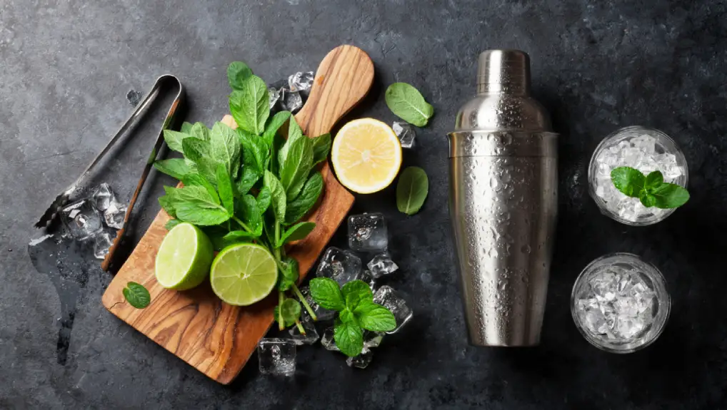 lifestyle image of a cocktail shakers with various condiments with a slate colour background