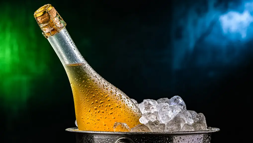 Close up studio image of a the top of an ice bucket with a cold drink with a golden liquid around the top of the ice bucket.