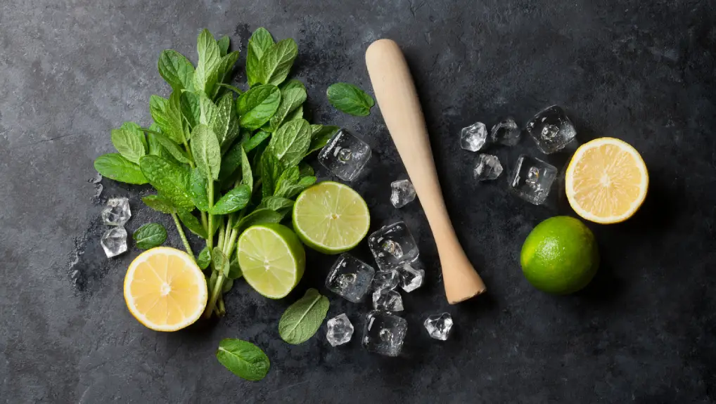 close up images of a wooden cocktail muddler along with a selection of limes and mint and ice cubes.