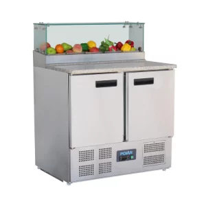 An image of the Polar G-Series 2 Door Pizza Prep Counter with Glass Sneeze Guard