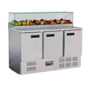 An image of the Polar G-Series 3 Door Pizza Prep Counter with Glass Sneeze Guard