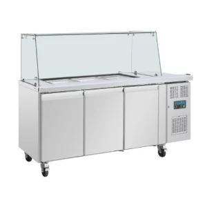 An image of the Polar U-Series GN Counter Saladette with Square Sneeze Guard - 3 Door