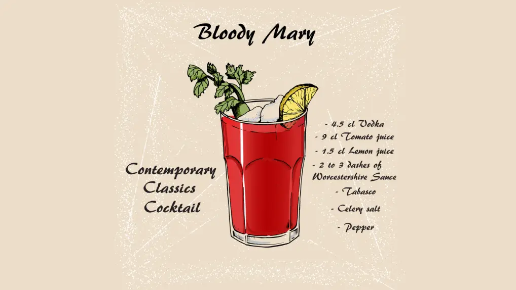 illustration of a bloody Mary cocktail with the list of ingredients displayed around the glass.