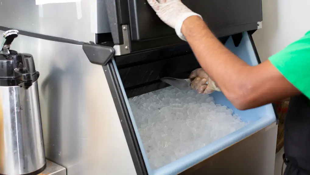 image of a bartender collecting ice from an ice machine.