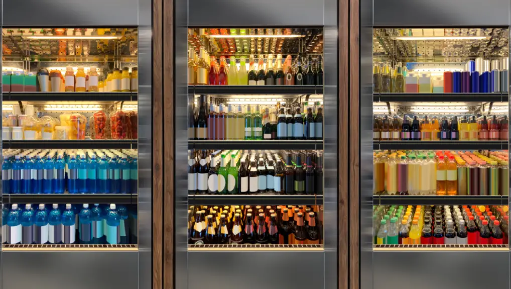 Close up image of a top-rated refrigeration unit with clear doors showing fully stocked shelves in a bar environment.