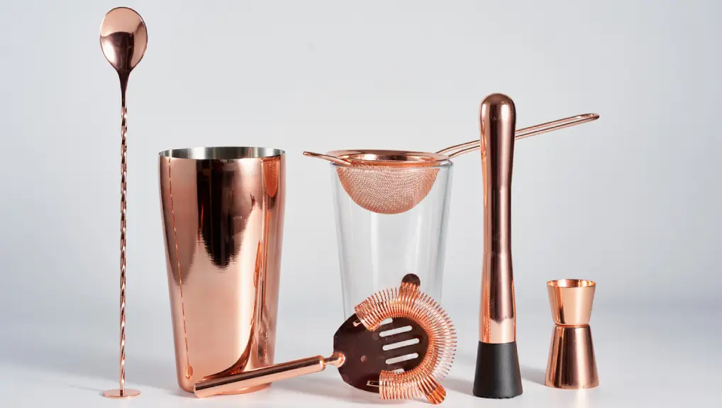 Close up image of a copper coloured essential cocktail equipment