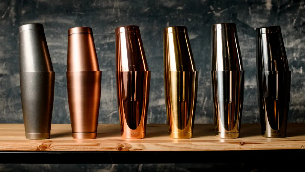 image of 7 Boston cocktail shaker on a bar in a studio image shoot